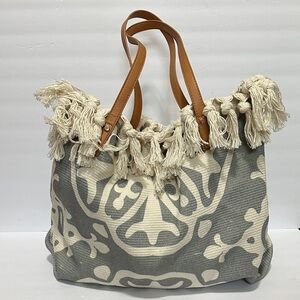 Buddha Stones Large Capacity Boho Geometry Print Tassel Canvas Tote EUC